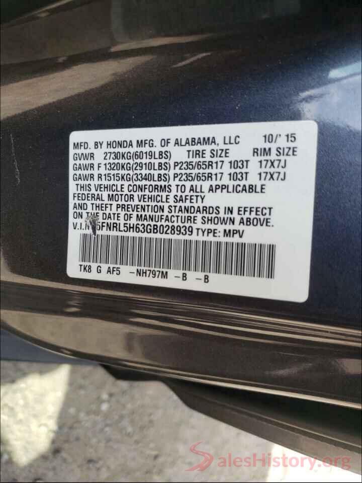 5FNRL5H63GB028939 2016 HONDA ODYSSEY