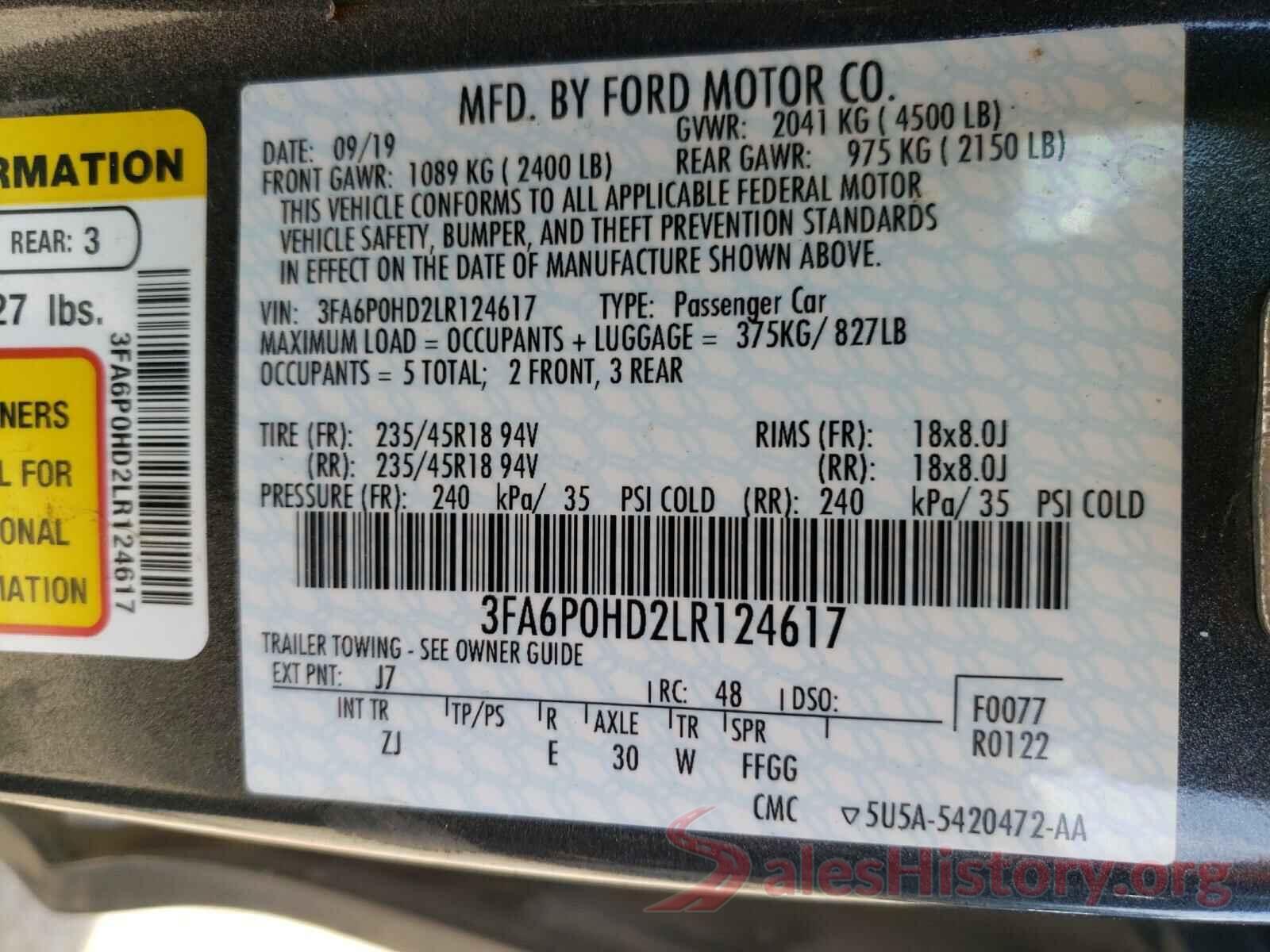 3FA6P0HD2LR124617 2020 FORD FUSION