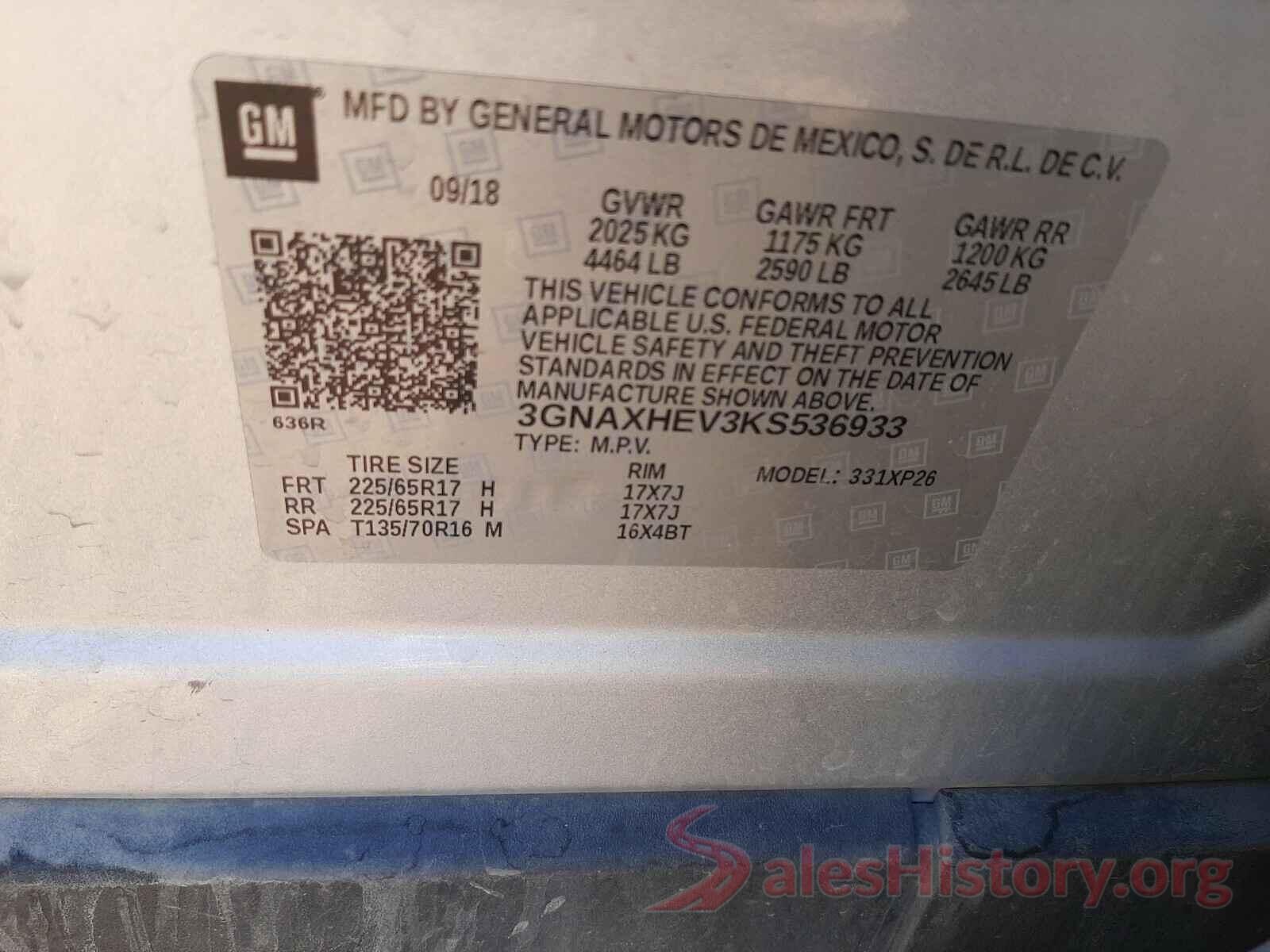 3GNAXHEV3KS536933 2019 CHEVROLET EQUINOX