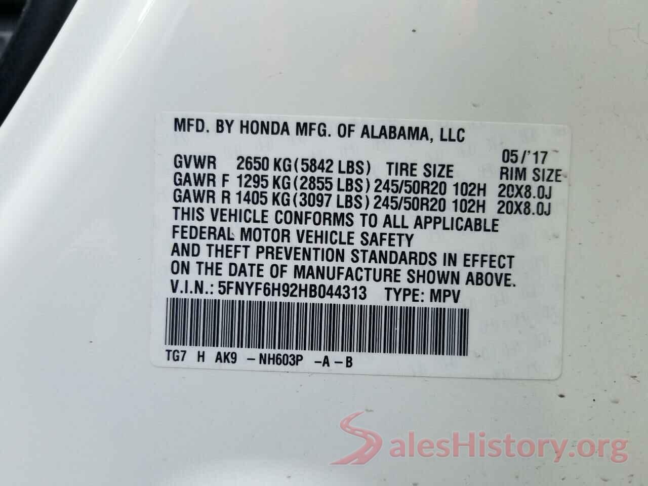 5FNYF6H92HB044313 2017 HONDA PILOT