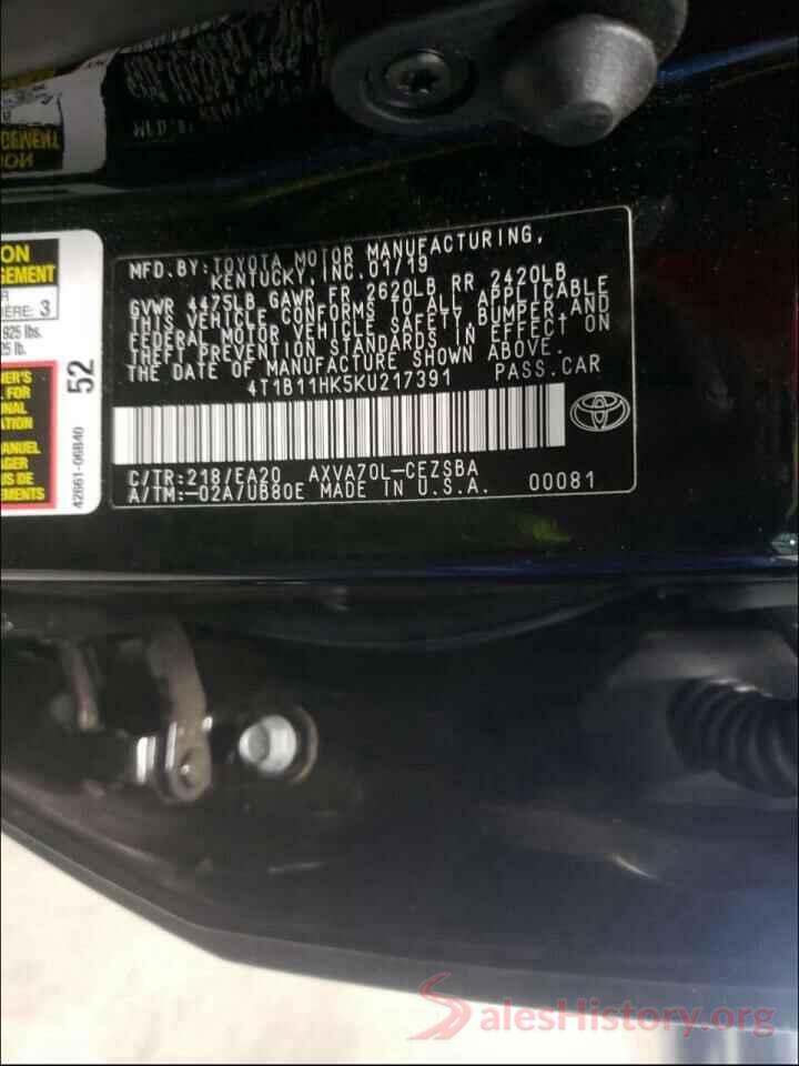 4T1B11HK5KU217391 2019 TOYOTA CAMRY