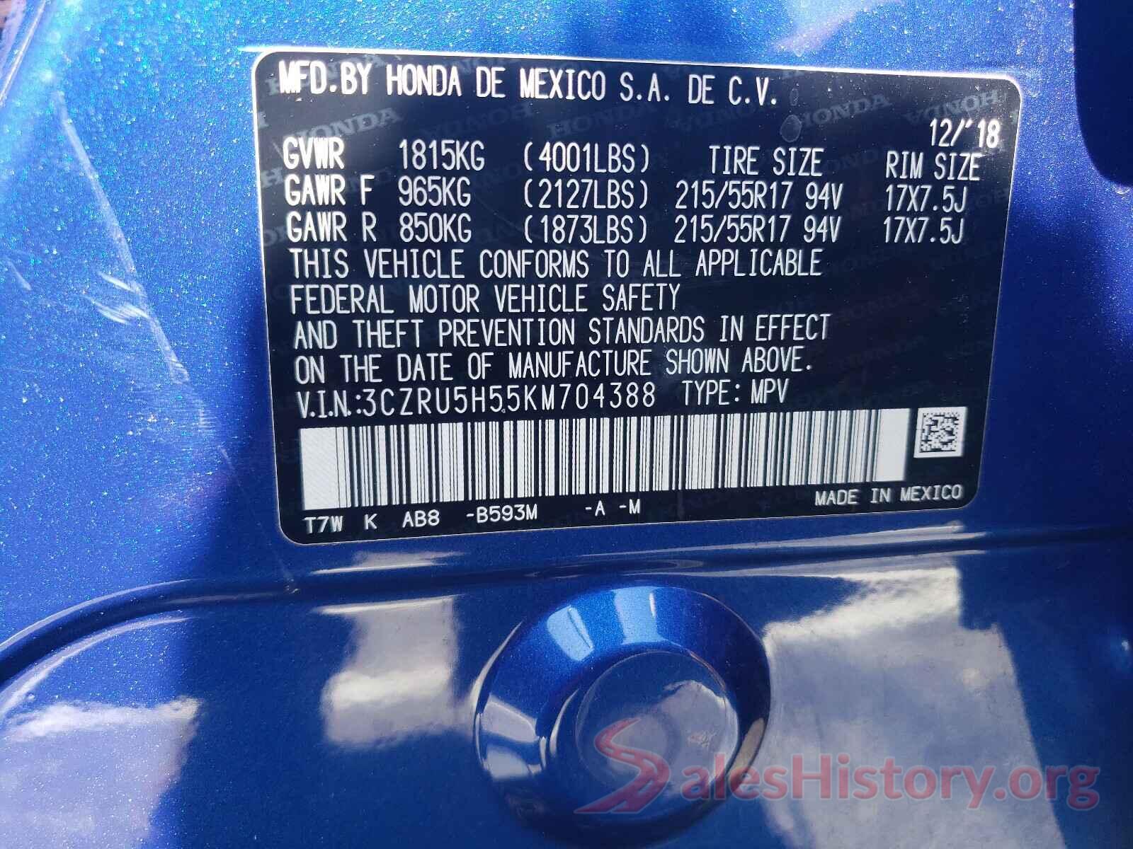 3CZRU5H55KM704388 2019 HONDA HR-V