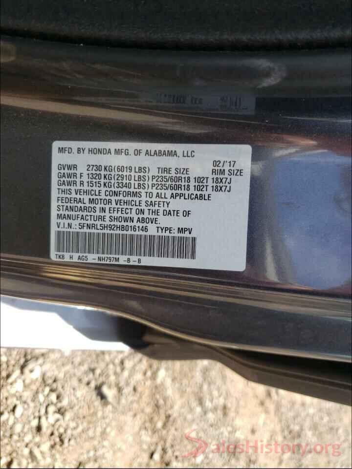 5FNRL5H92HB016146 2017 HONDA ODYSSEY