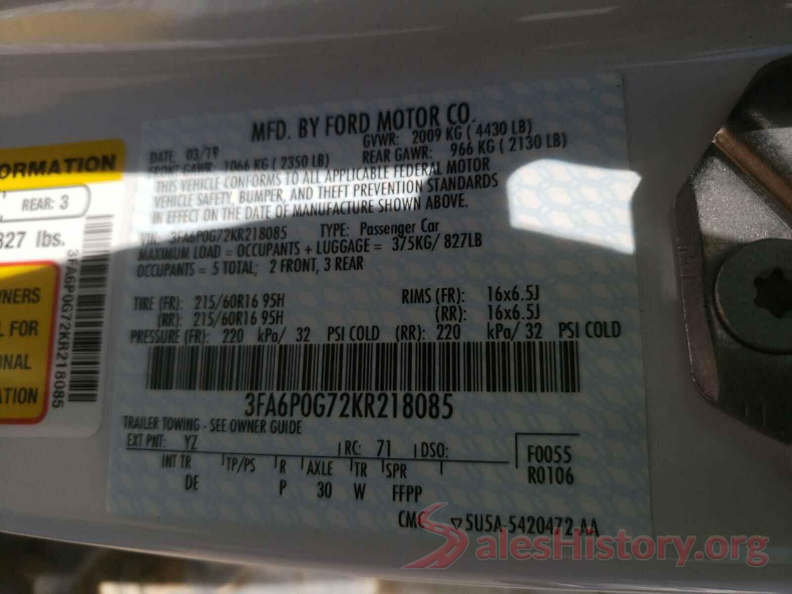 3FA6P0G72KR218085 2019 FORD FUSION