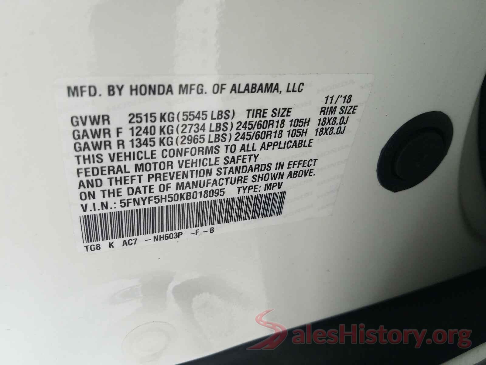 5FNYF5H50KB018095 2019 HONDA PILOT