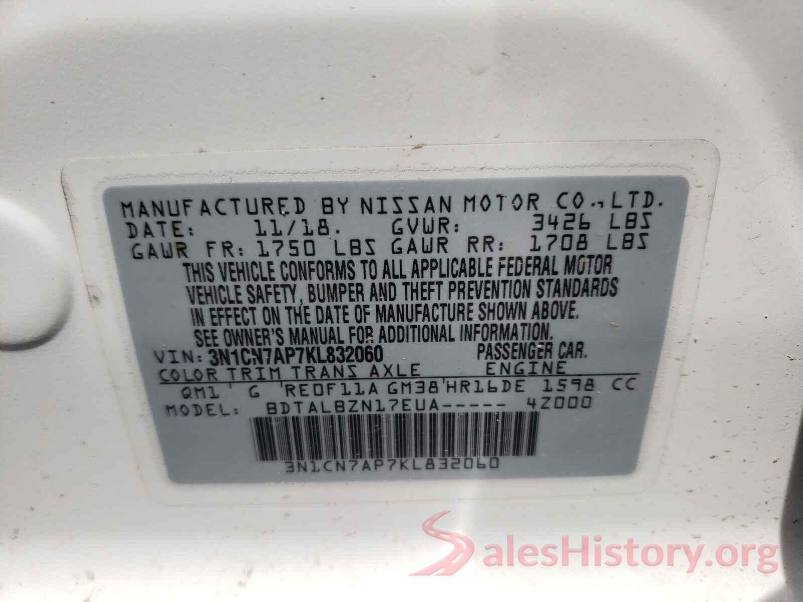 3N1CN7AP7KL832060 2019 NISSAN VERSA