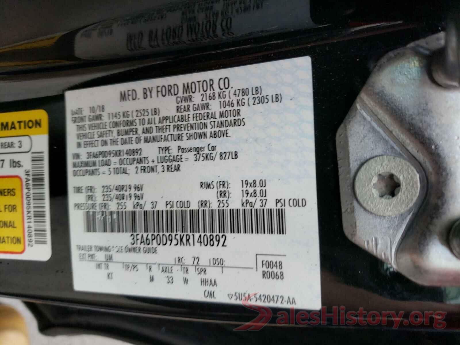 3FA6P0D95KR140892 2019 FORD FUSION