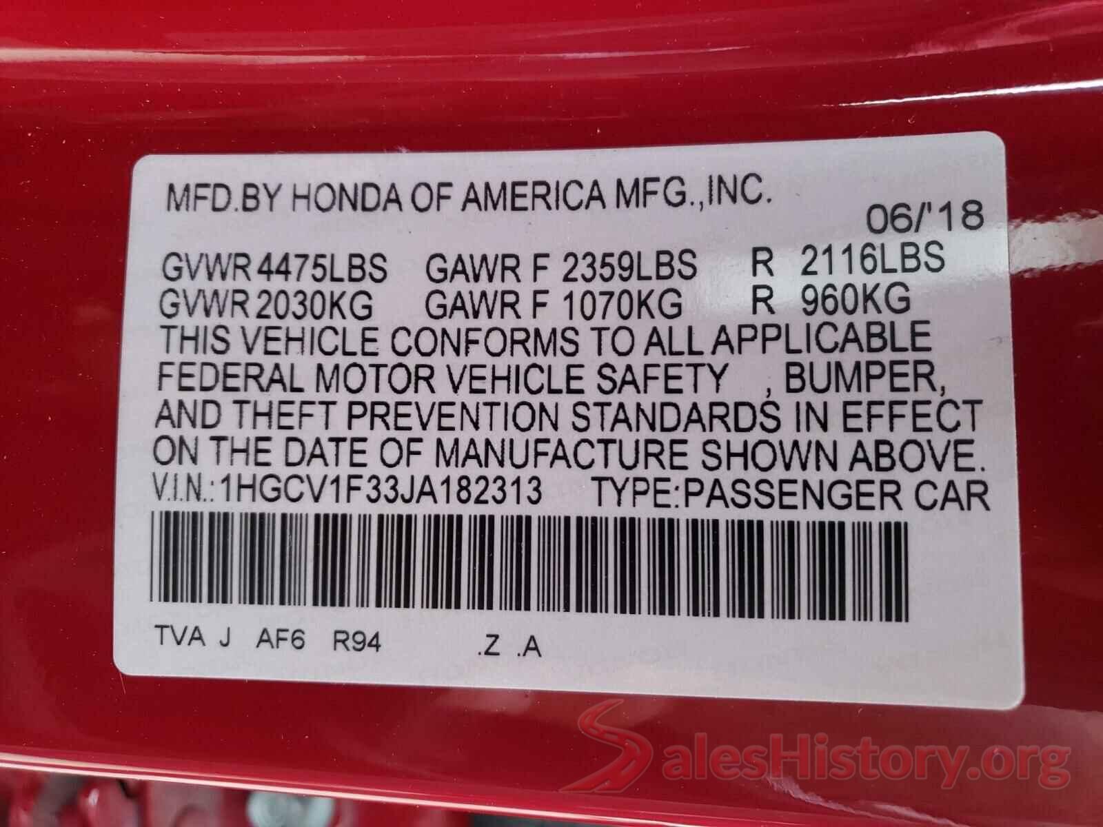 1HGCV1F33JA182313 2018 HONDA ACCORD