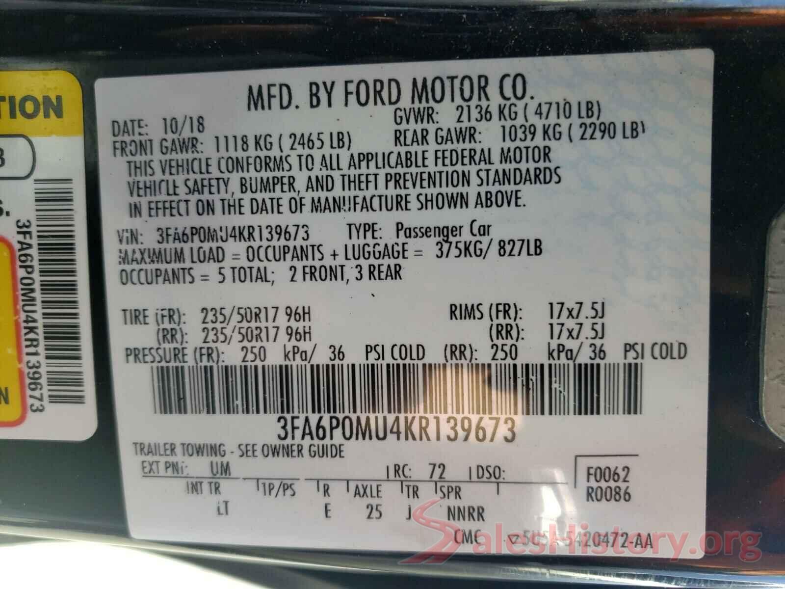 3FA6P0MU4KR139673 2019 FORD FUSION