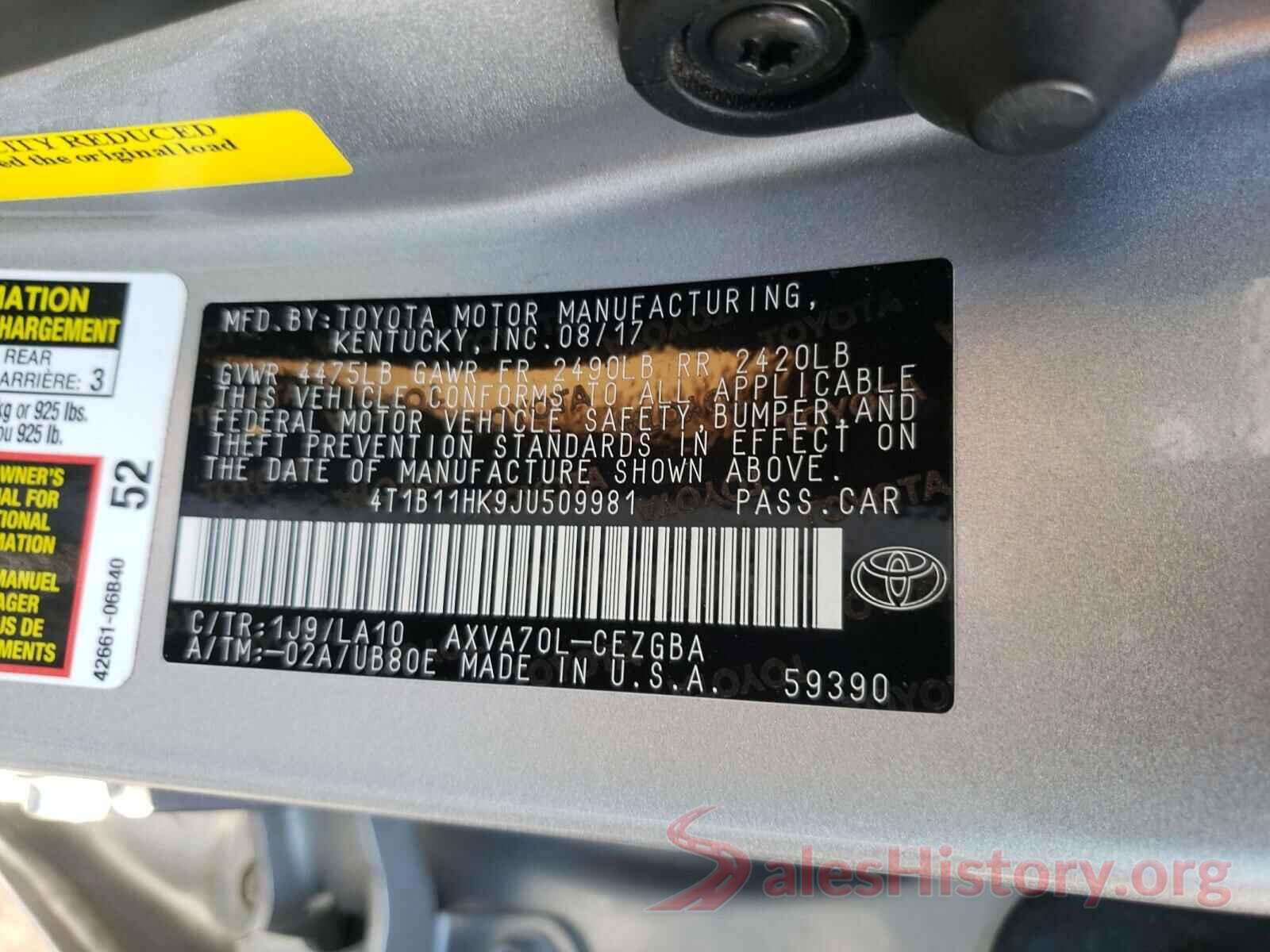 4T1B11HK9JU509981 2018 TOYOTA CAMRY