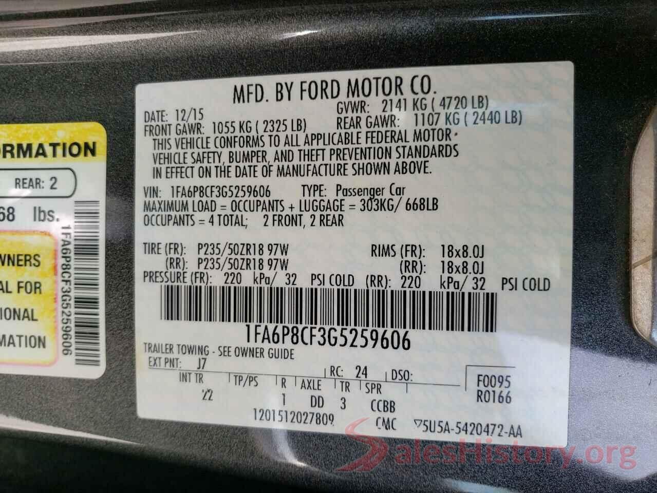 1FA6P8CF3G5259606 2016 FORD MUSTANG