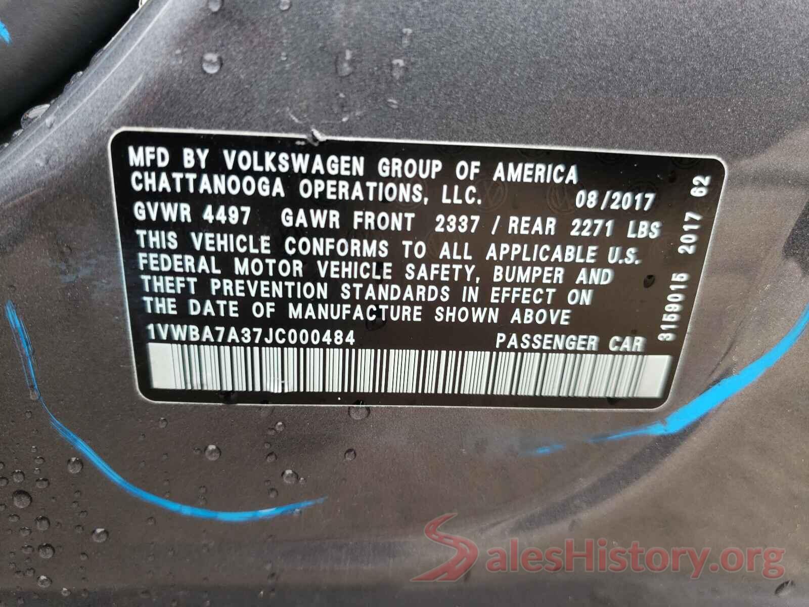 1VWBA7A37JC000484 2018 VOLKSWAGEN PASSAT