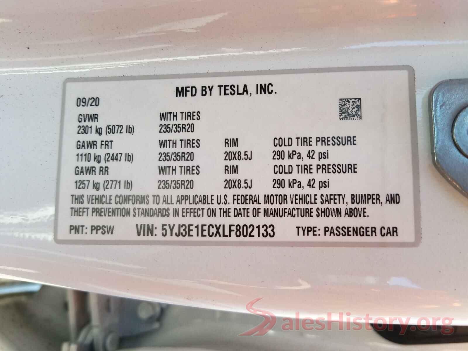 5YJ3E1ECXLF802133 2020 TESLA MODEL 3