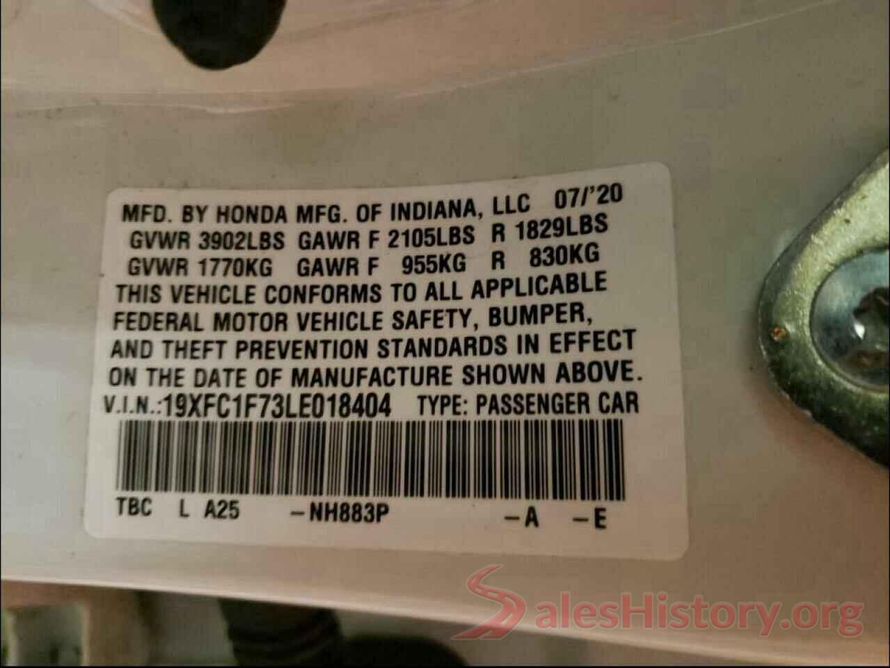 19XFC1F73LE018404 2020 HONDA CIVIC