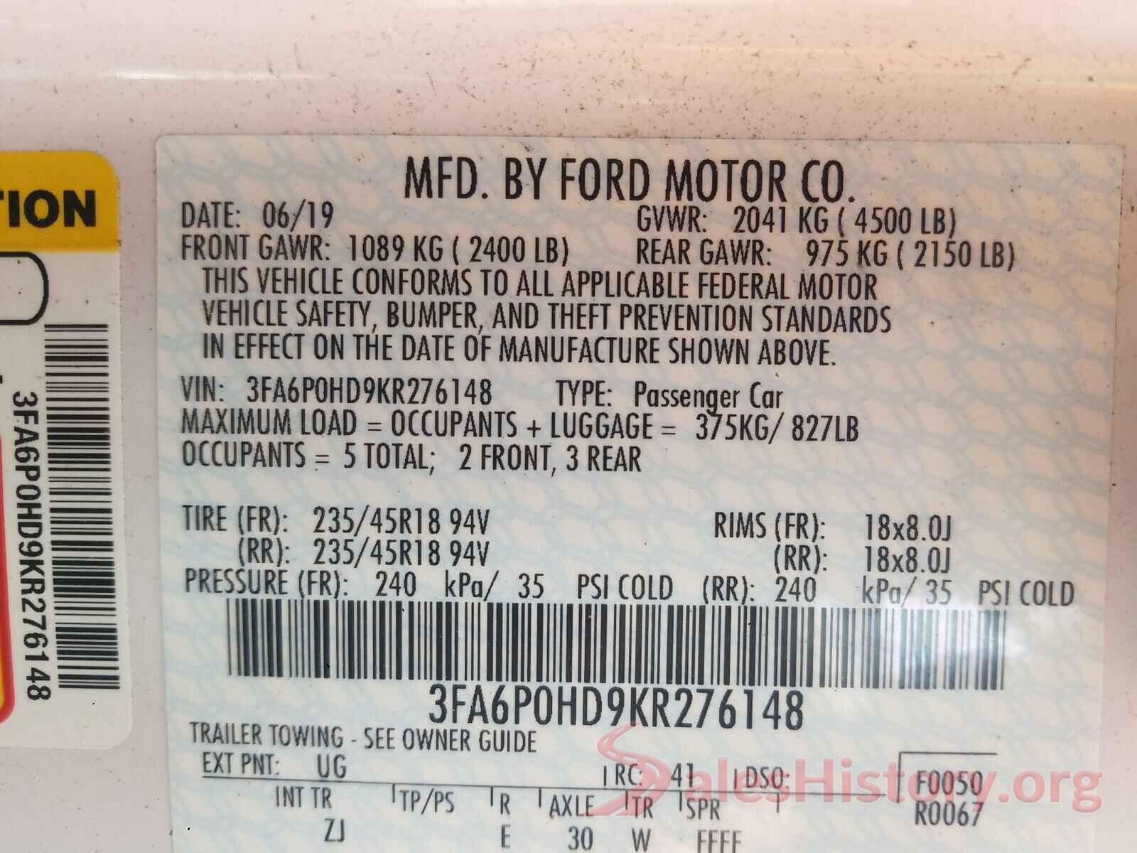 3FA6P0HD9KR276148 2019 FORD FUSION