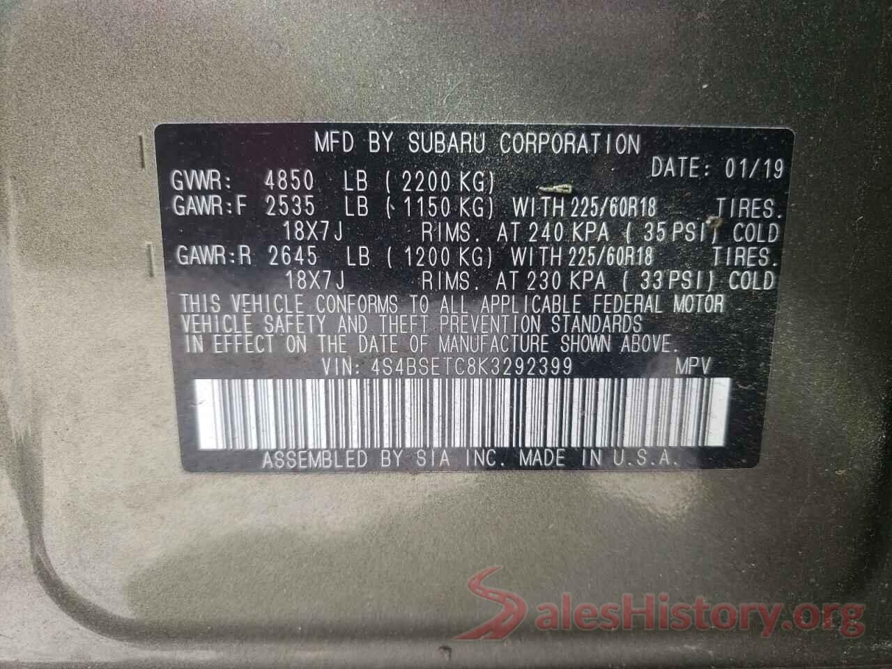 4S4BSETC8K3292399 2019 SUBARU OUTBACK