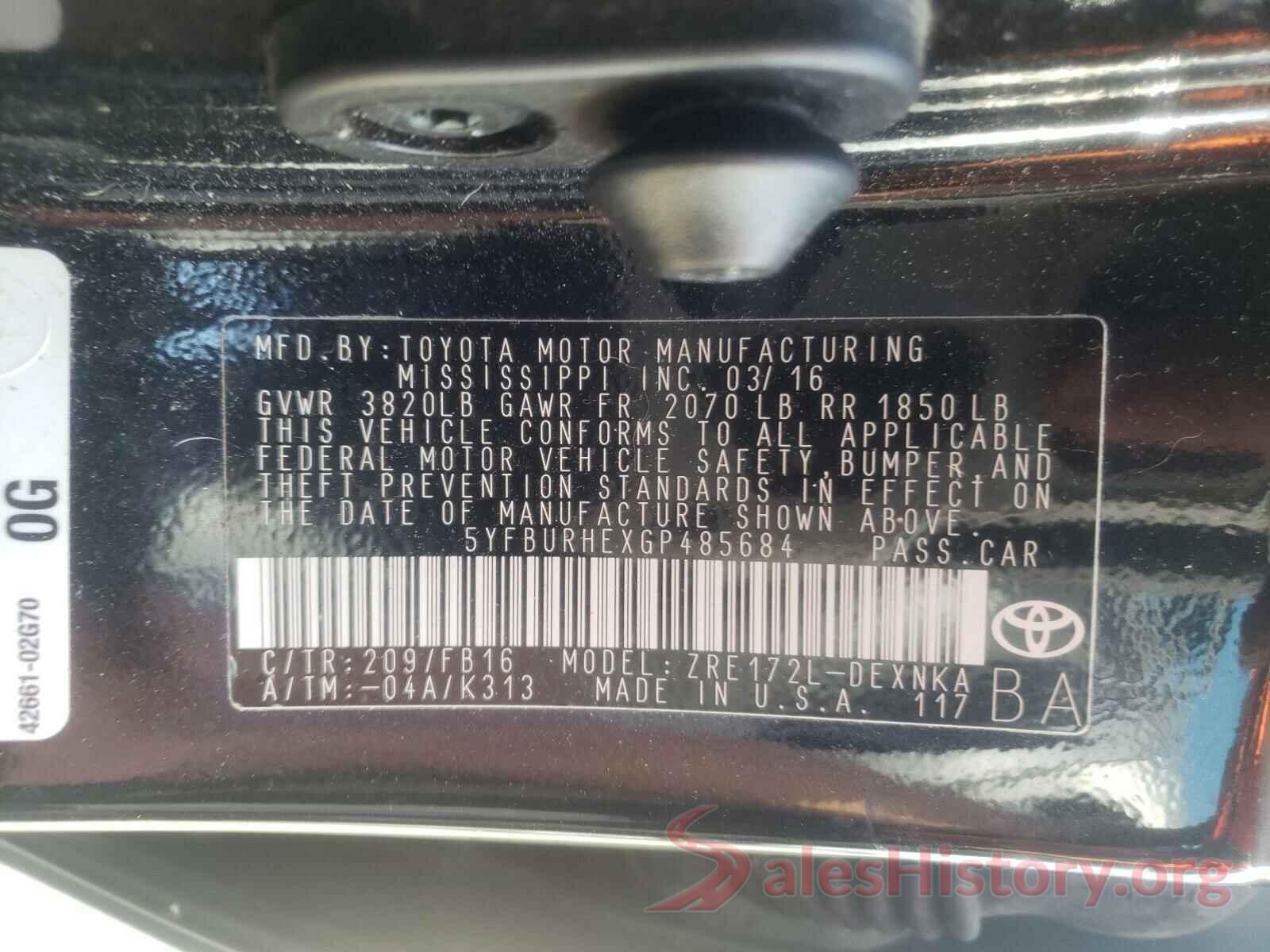 5YFBURHEXGP485684 2016 TOYOTA COROLLA