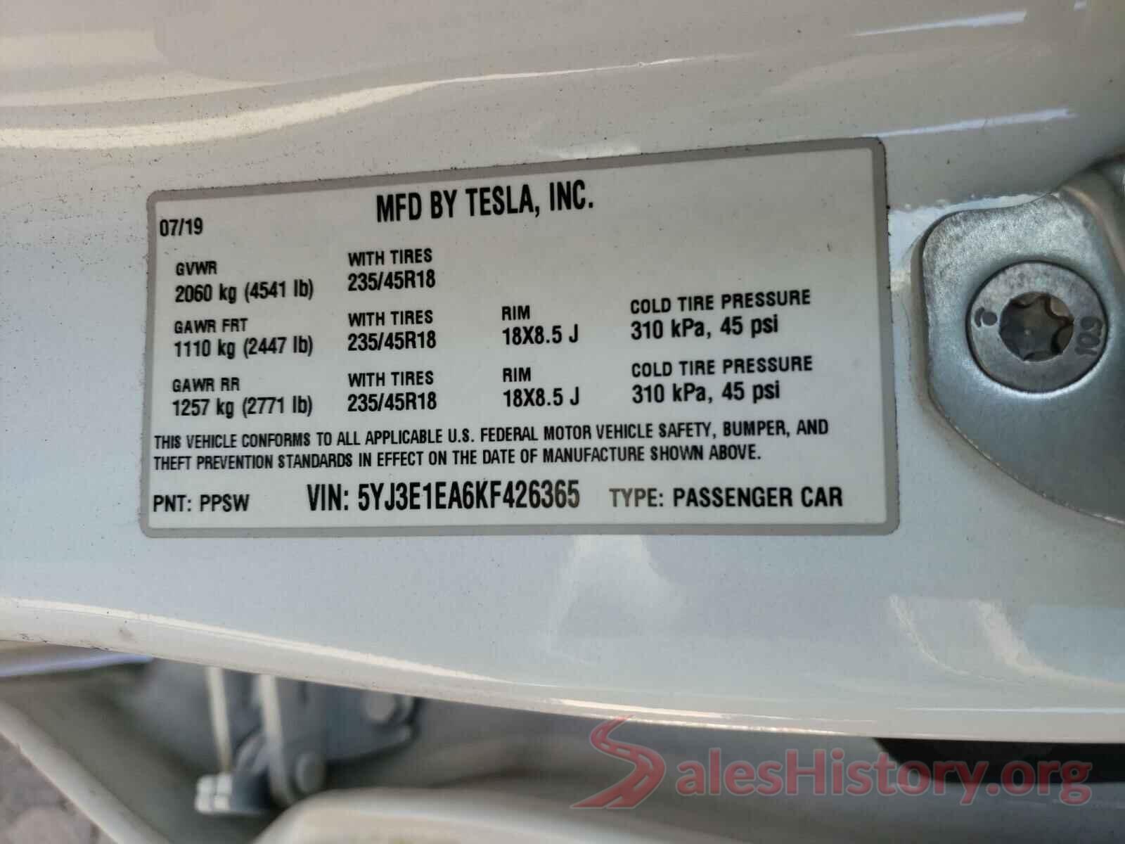 5YJ3E1EA6KF426365 2019 TESLA MODEL 3