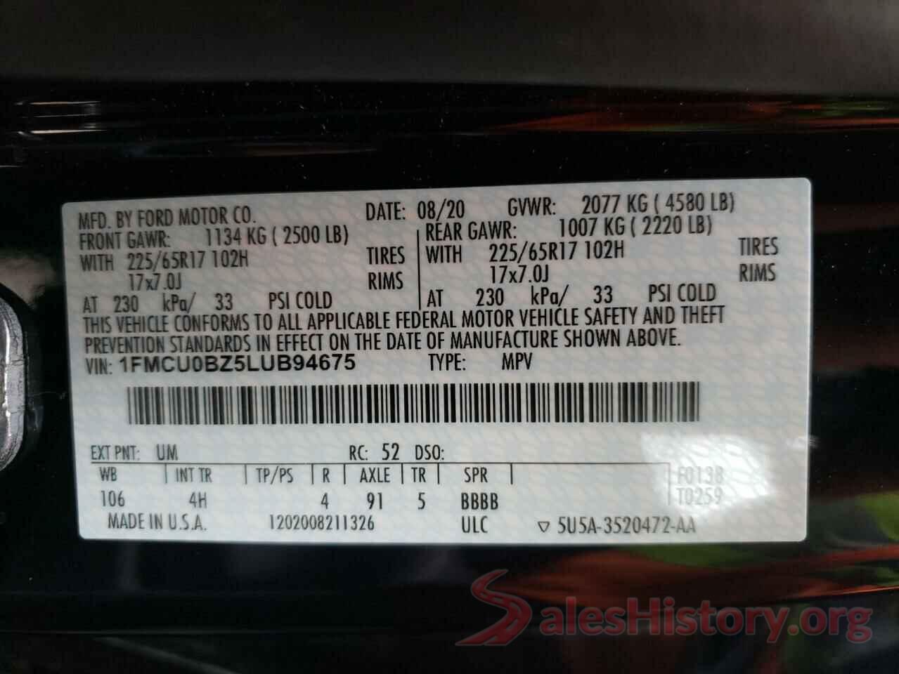 1FMCU0BZ5LUB94675 2020 FORD ESCAPE