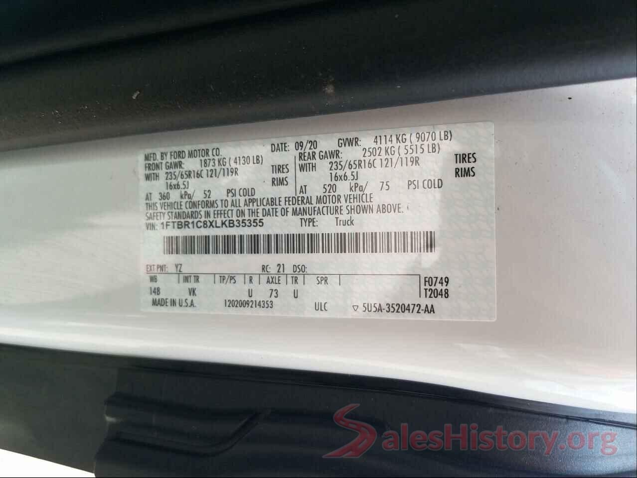 1FTBR1C8XLKB35355 2020 FORD TRANSIT CO