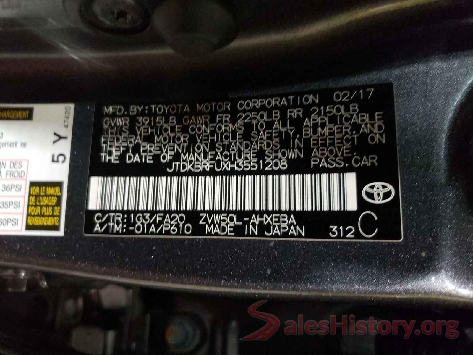 JTDKBRFUXH3551208 2017 TOYOTA PRIUS