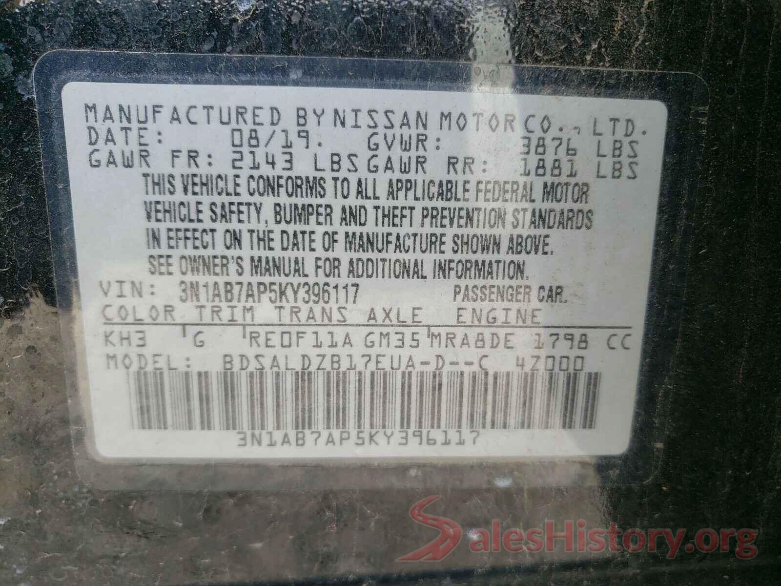 3N1AB7AP5KY396117 2019 NISSAN SENTRA