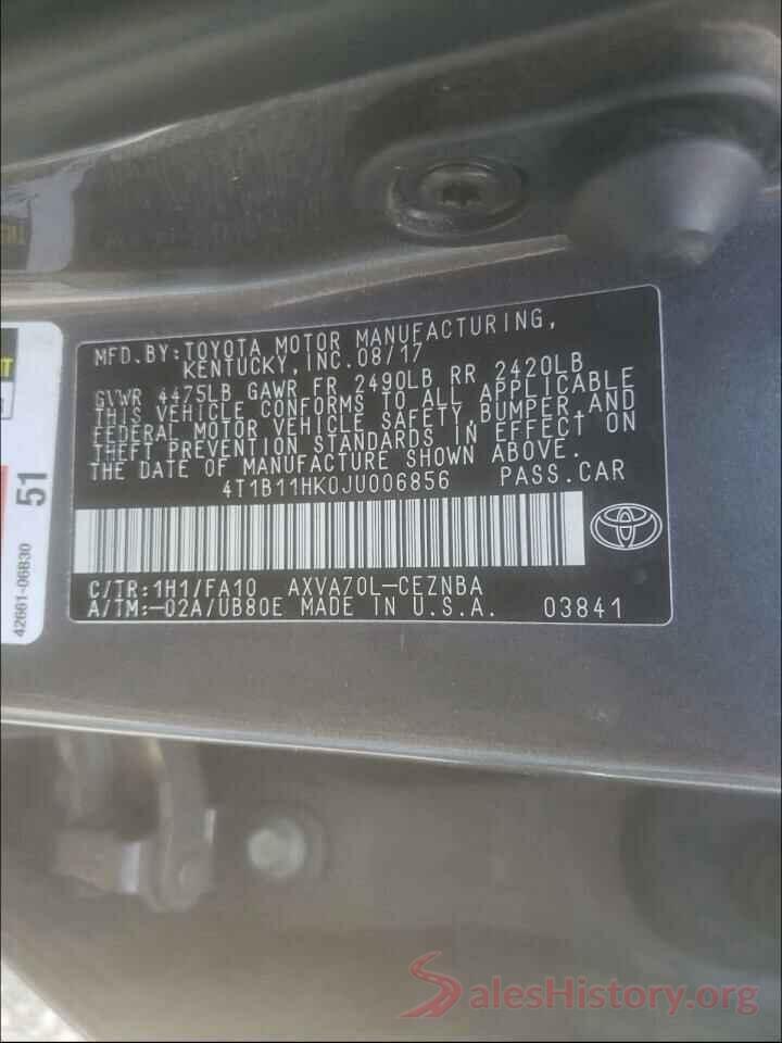 4T1B11HK0JU006856 2018 TOYOTA CAMRY