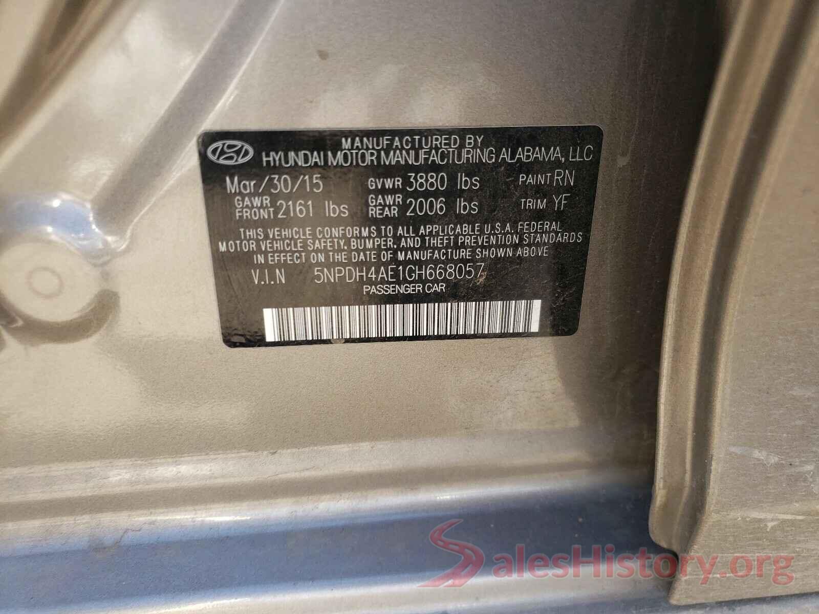 5NPDH4AE1GH668057 2016 HYUNDAI ELANTRA