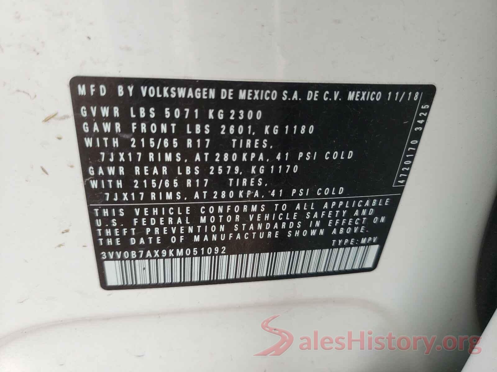 3VV0B7AX9KM051092 2019 VOLKSWAGEN TIGUAN