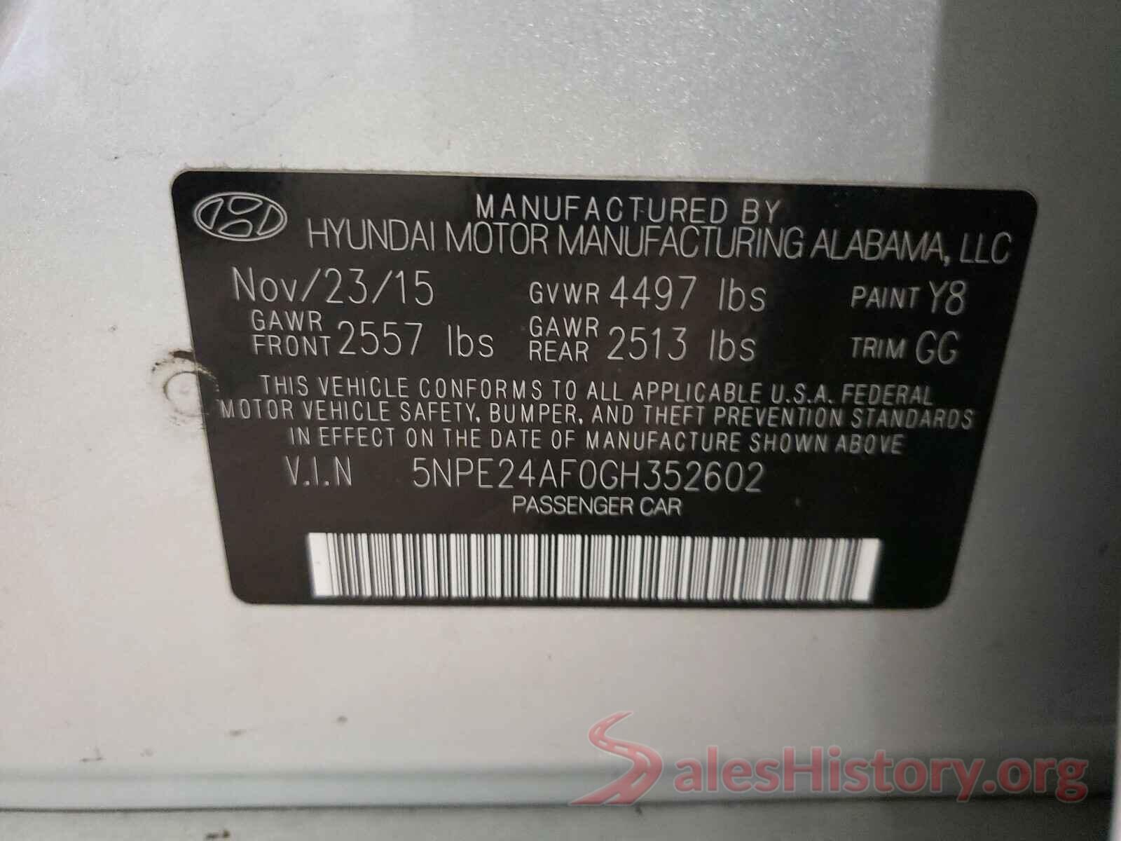 5NPE24AF0GH352602 2016 HYUNDAI SONATA