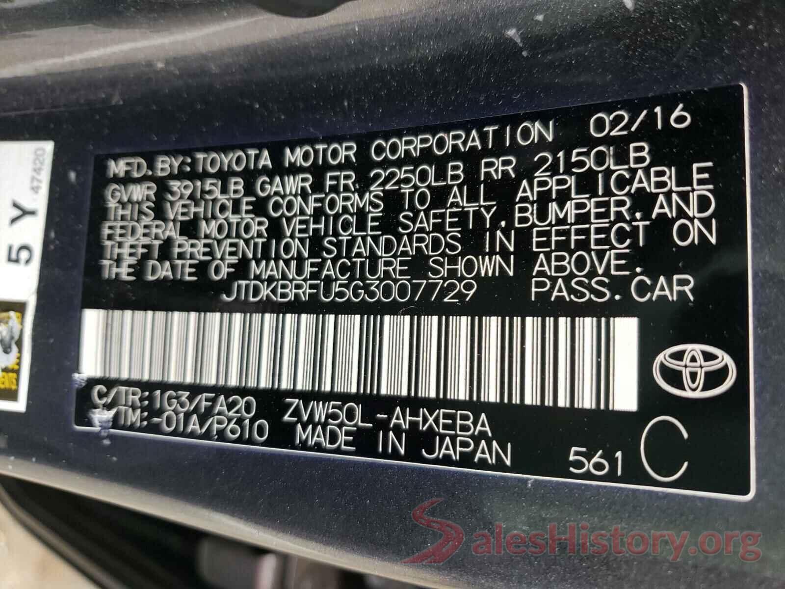 JTDKBRFU5G3007729 2016 TOYOTA PRIUS