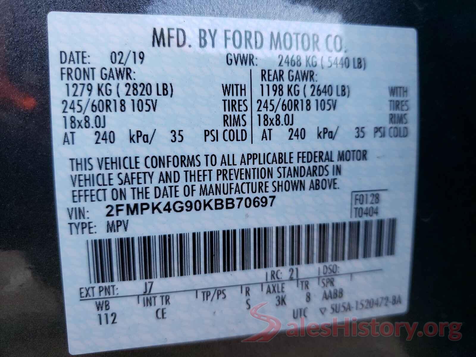 2FMPK4G90KBB70697 2019 FORD EDGE