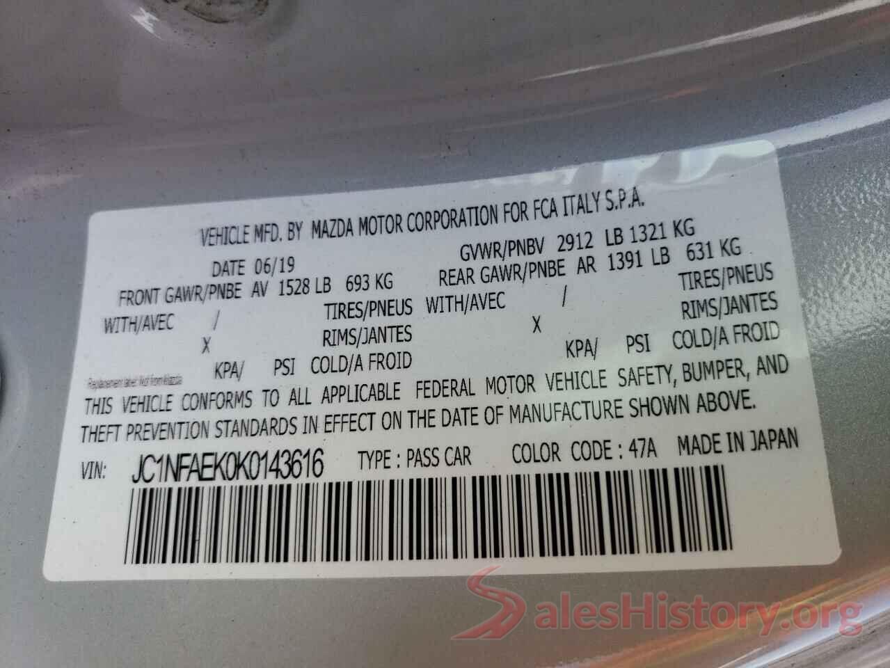 JC1NFAEK0K0143616 2019 FIAT ALL MODELS