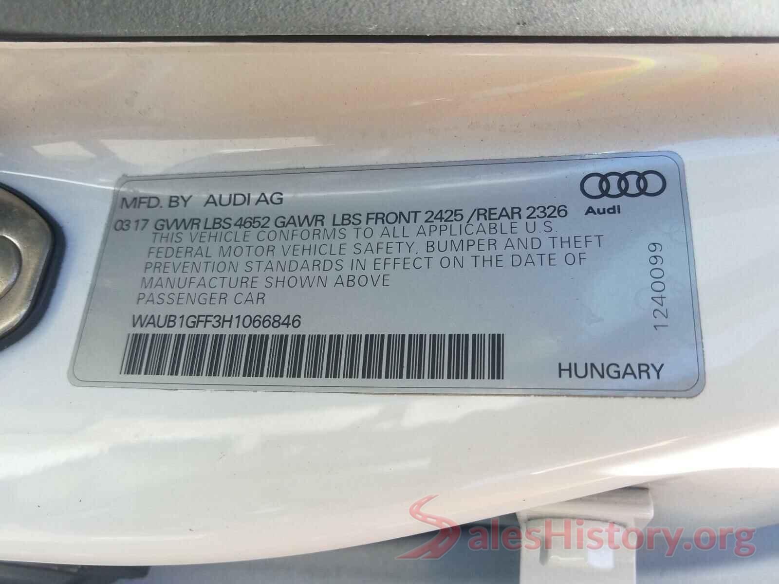 WAUB1GFF3H1066846 2017 AUDI S3