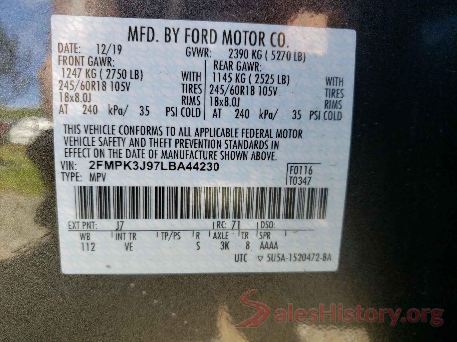 2FMPK3J97LBA44230 2020 FORD EDGE