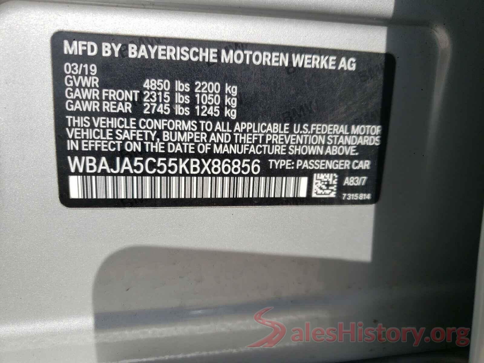 WBAJA5C55KBX86856 2019 BMW 5 SERIES