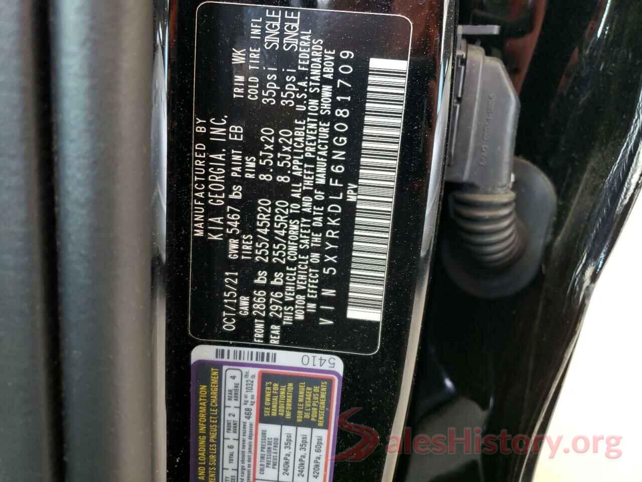 5XYRKDLF6NG081709 2022 KIA SORENTO