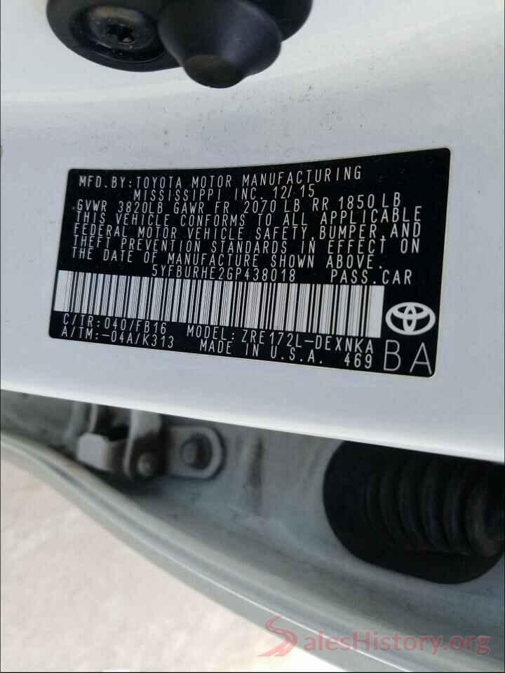 5YFBURHE2GP438018 2016 TOYOTA COROLLA