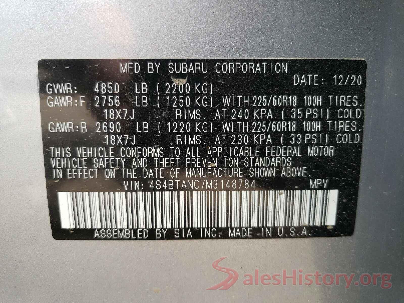 4S4BTANC7M3148784 2021 SUBARU OUTBACK