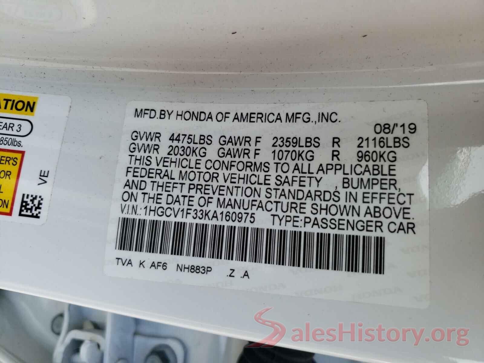 1HGCV1F33KA160975 2019 HONDA ACCORD