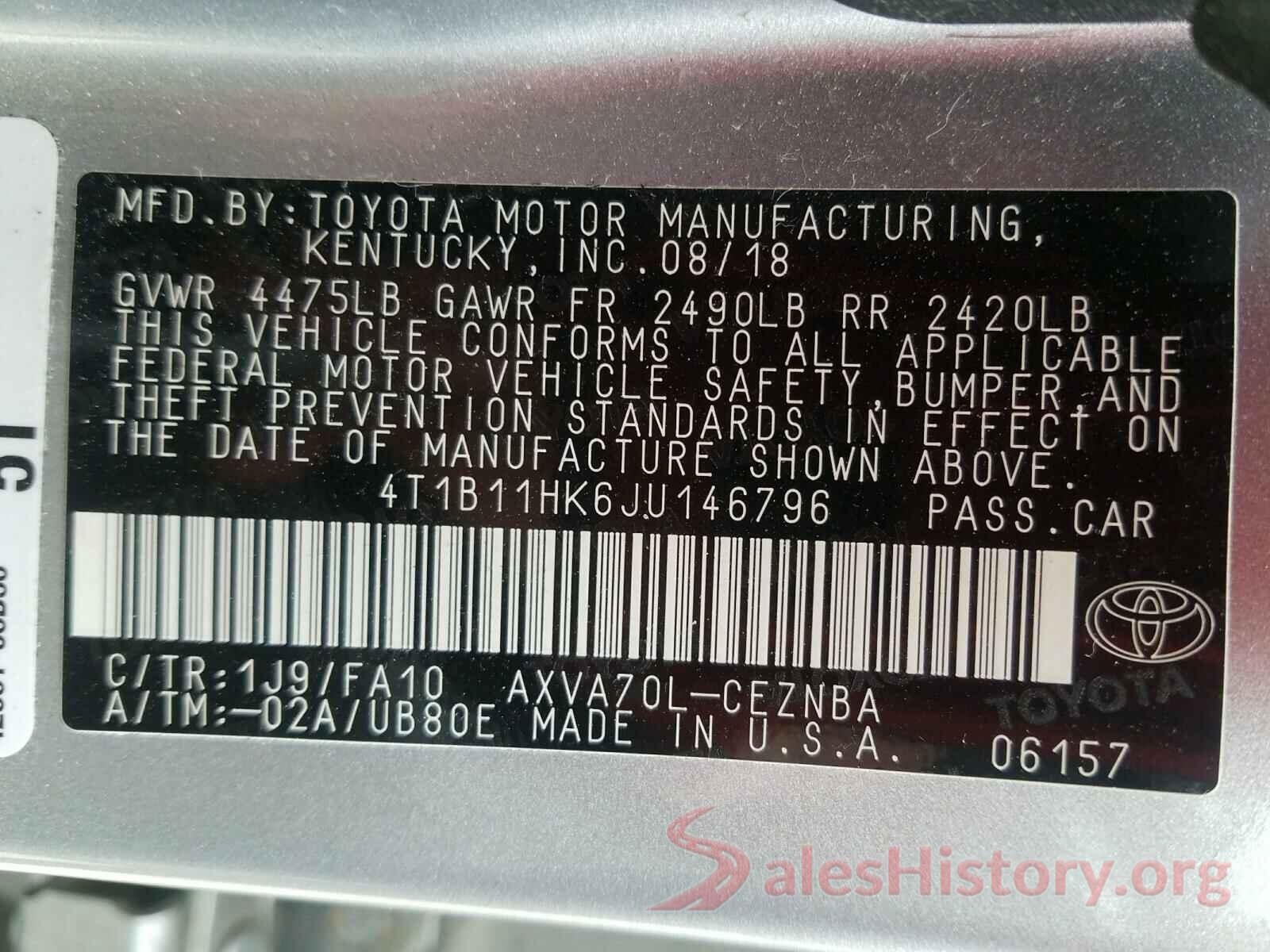 4T1B11HK6JU146796 2018 TOYOTA CAMRY