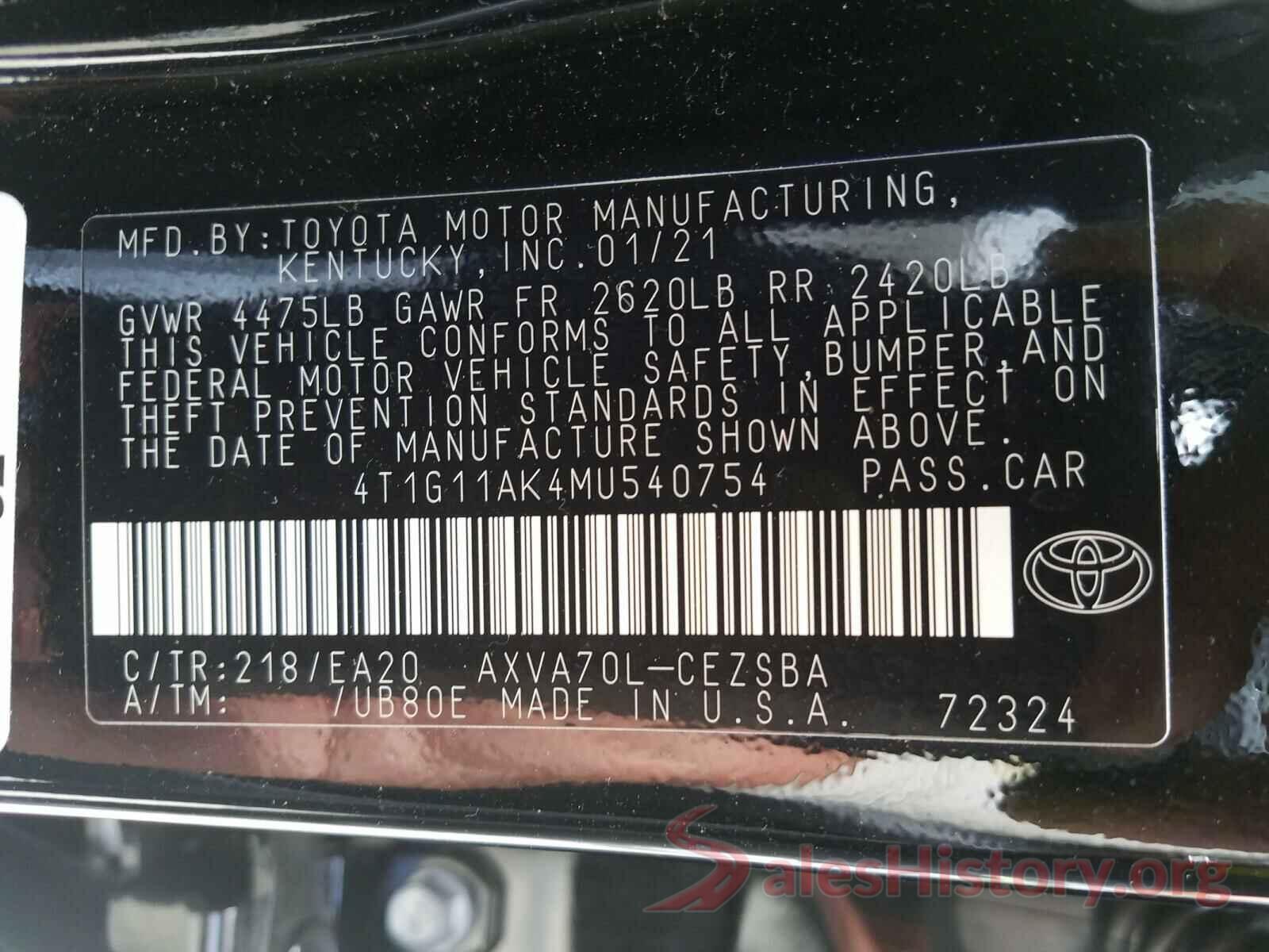 4T1G11AK4MU540754 2021 TOYOTA CAMRY