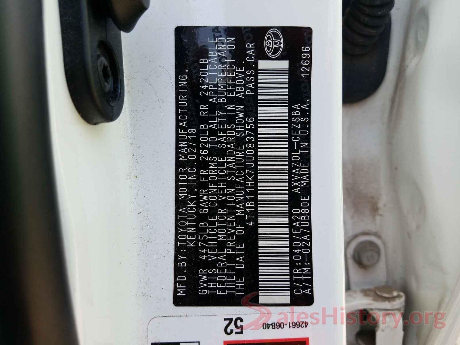 4T1B11HK7JU083756 2018 TOYOTA CAMRY