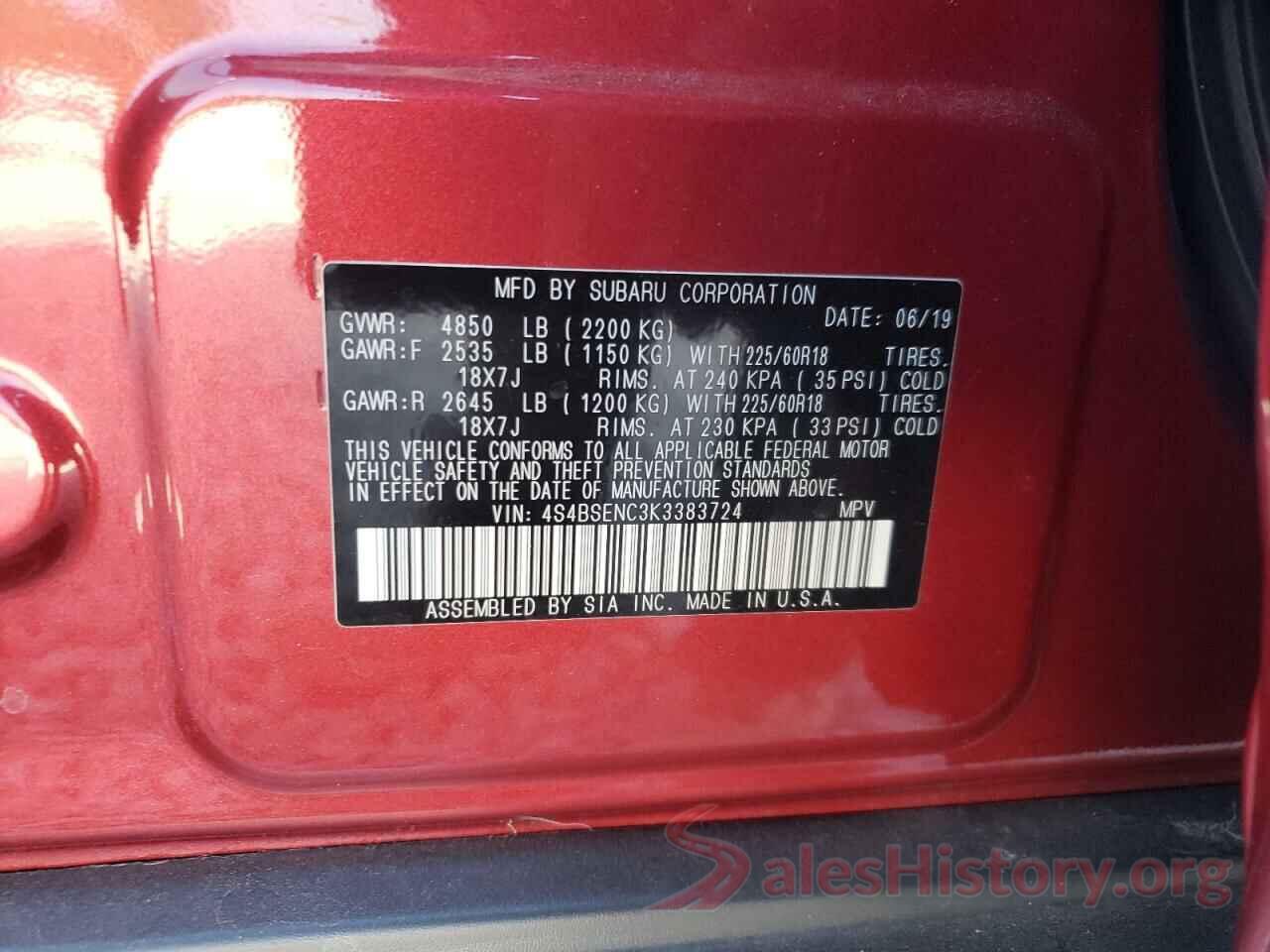 4S4BSENC3K3383724 2019 SUBARU OUTBACK