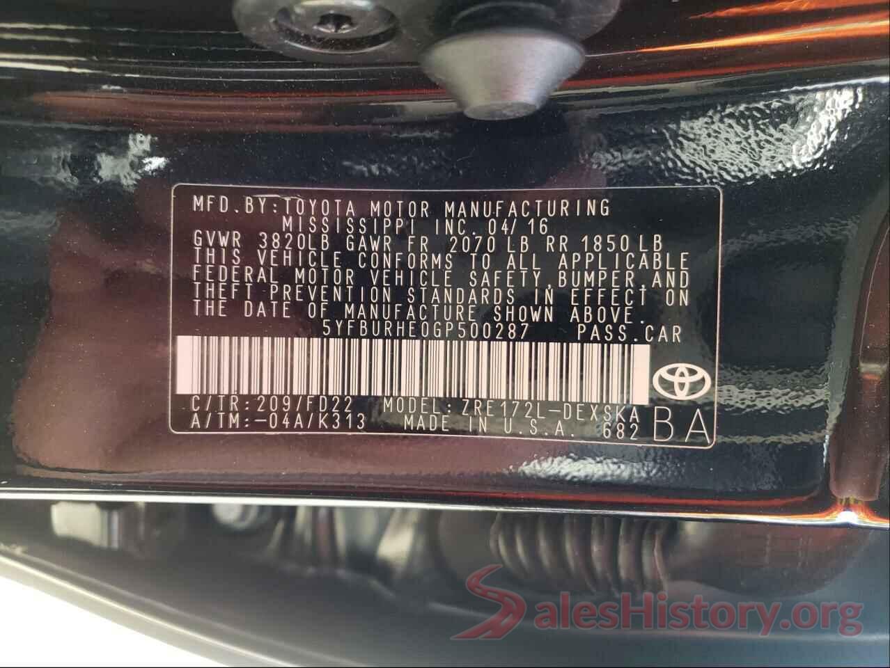 5YFBURHE0GP500287 2016 TOYOTA COROLLA