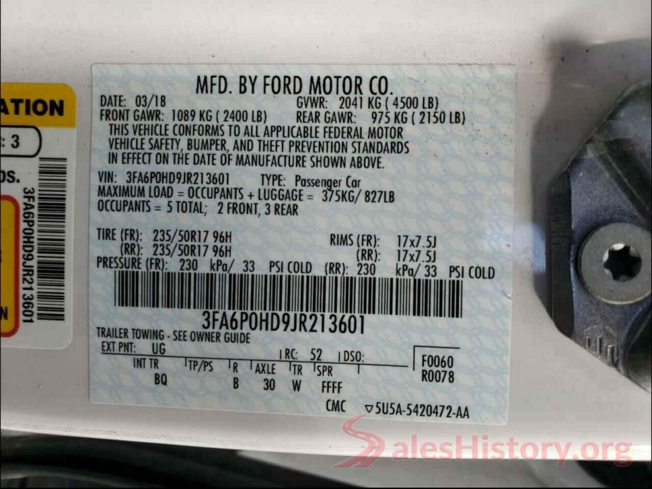 3FA6P0HD9JR213601 2018 FORD FUSION