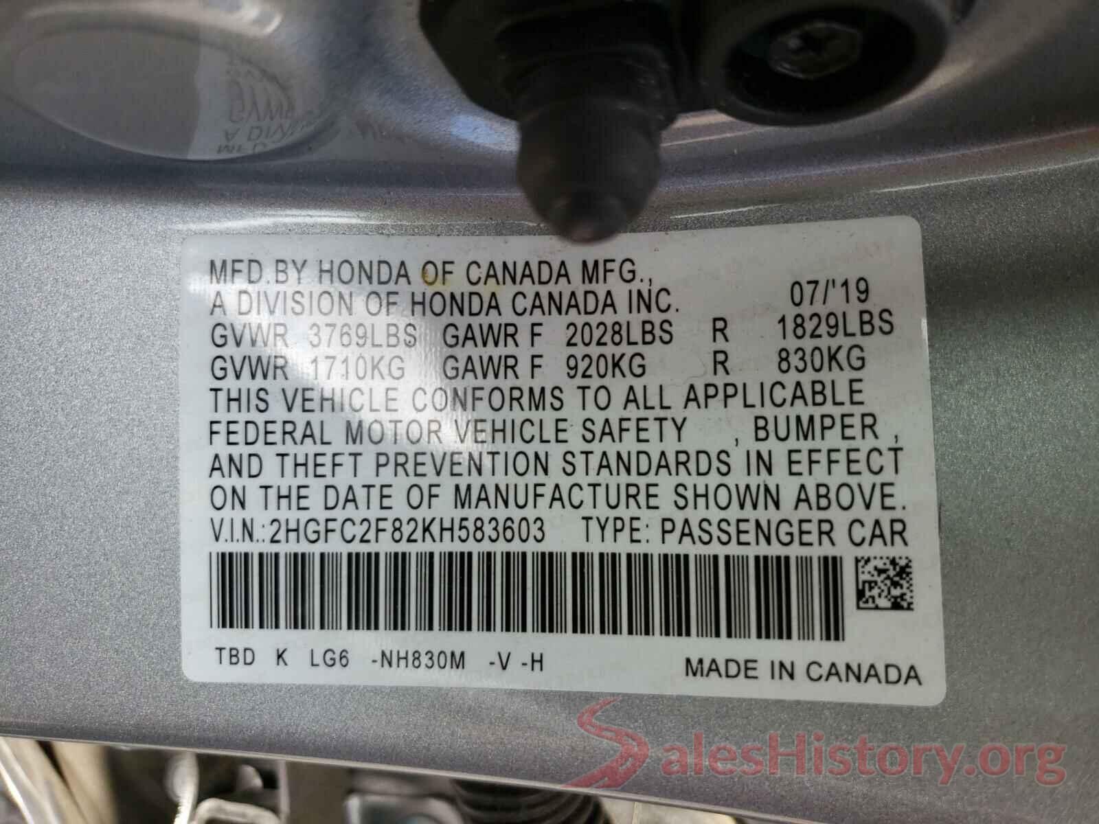 2HGFC2F82KH583603 2019 HONDA CIVIC