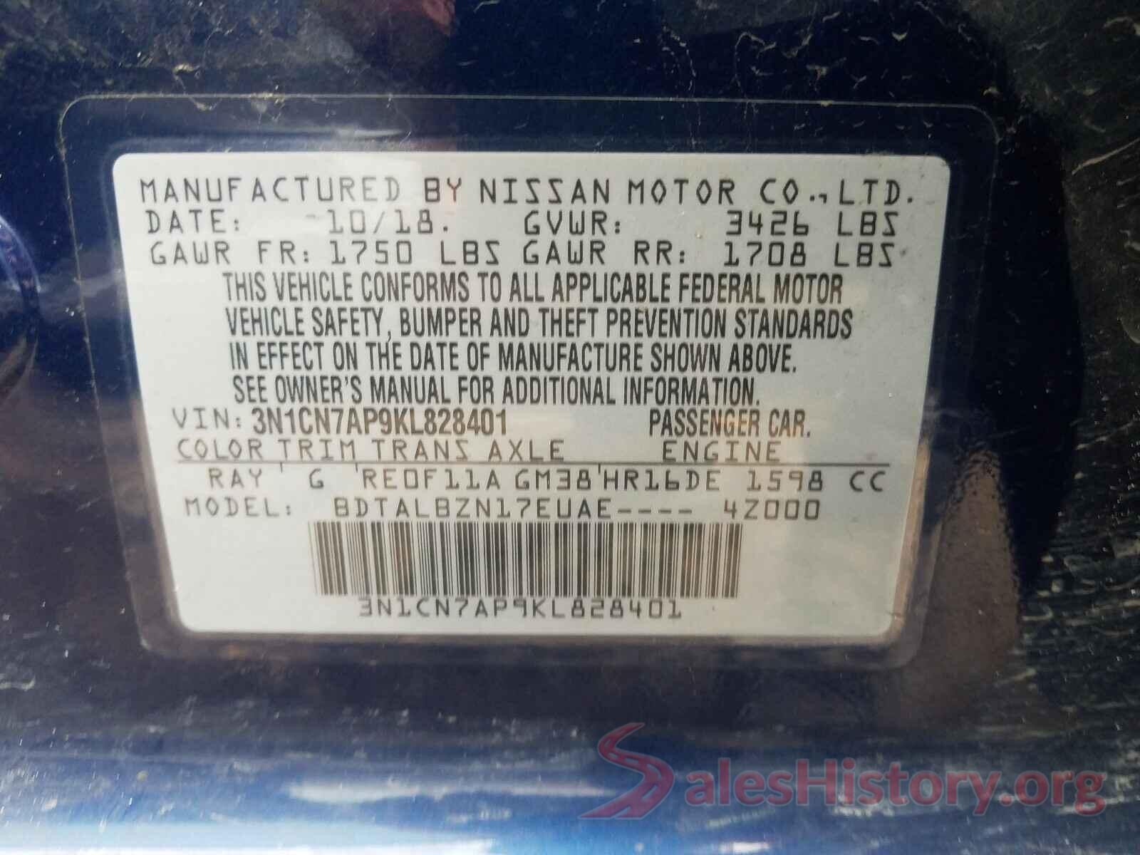 3N1CN7AP9KL828401 2019 NISSAN VERSA