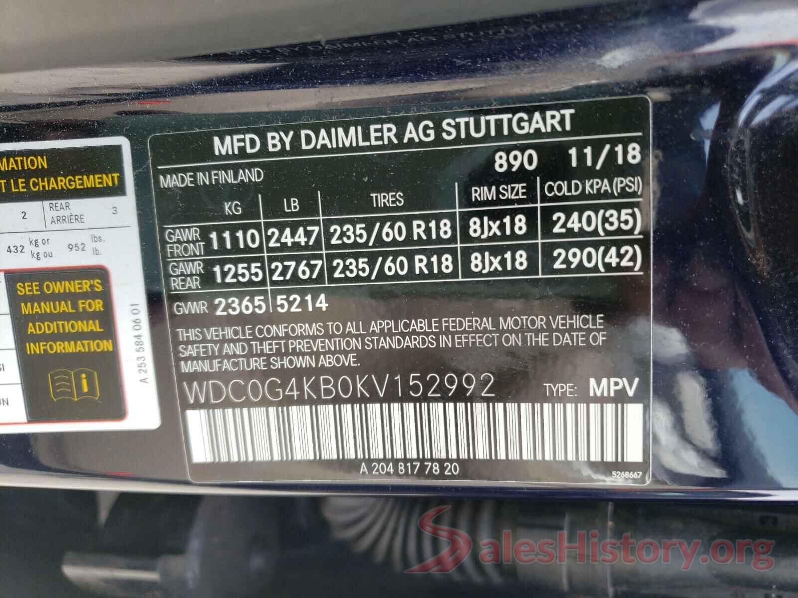 WDC0G4KB0KV152992 2019 MERCEDES-BENZ G CLASS