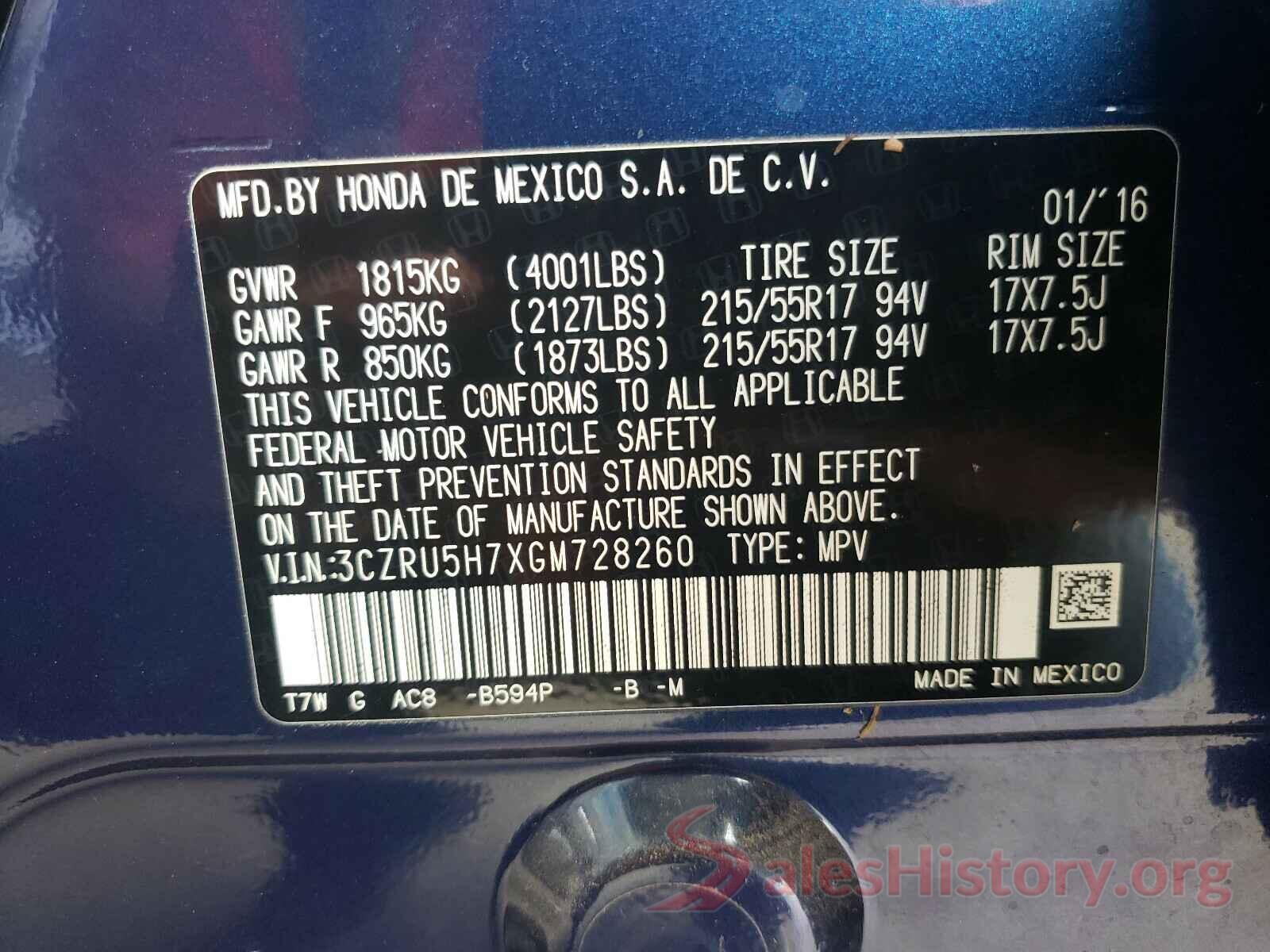 3CZRU5H7XGM728260 2016 HONDA HR-V